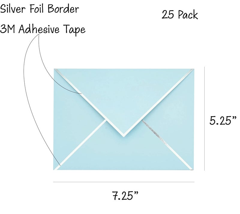 CHRIZ.Z A7 Envelopes - V Flap Foil Border Luxury Mailing Envelopes for 5"" x 7"" Cards - for Wedding, Invitations, Baby Shower, Photos, Graduation, Birthday, Bridal Shower - 5.25"" x 7.25"" (Baby Blue, 25 Pack) - Image 2